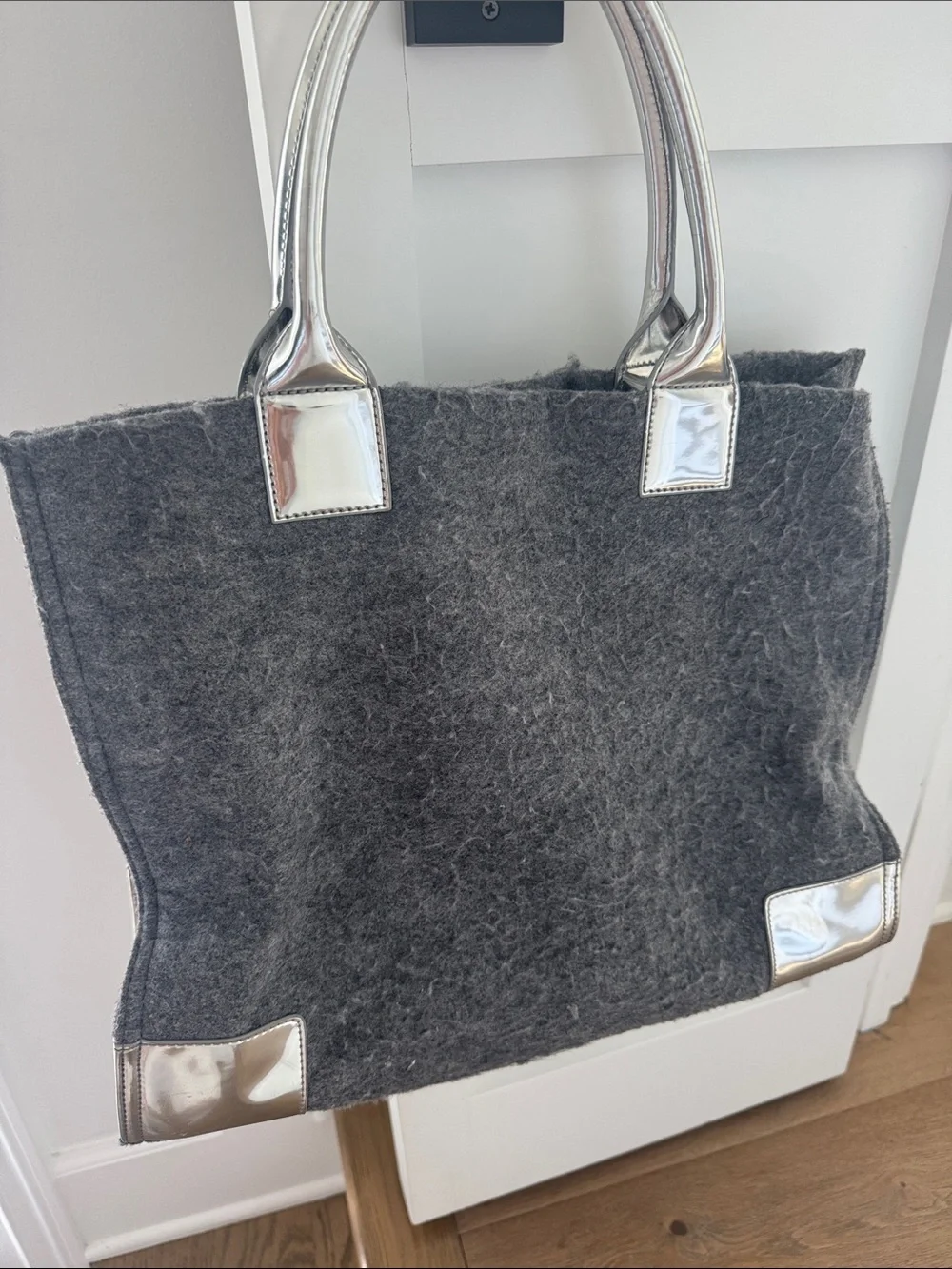 Tory Burch Dark Gray Wool Tote with Silver Logo